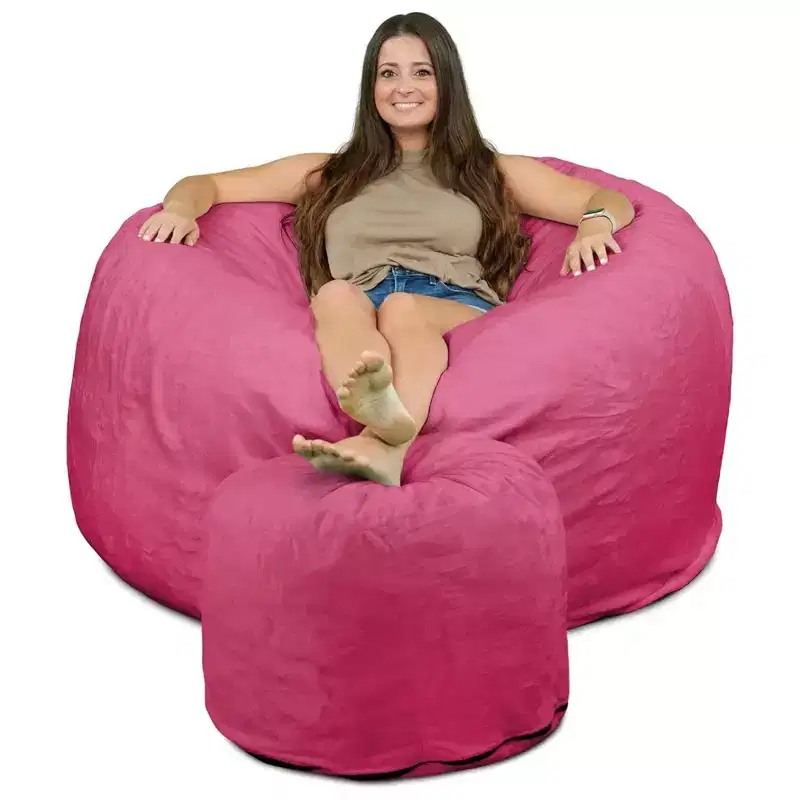 5-Foot Foam Filled Faux Fur Bean Bag Chair with Footstool, Pink