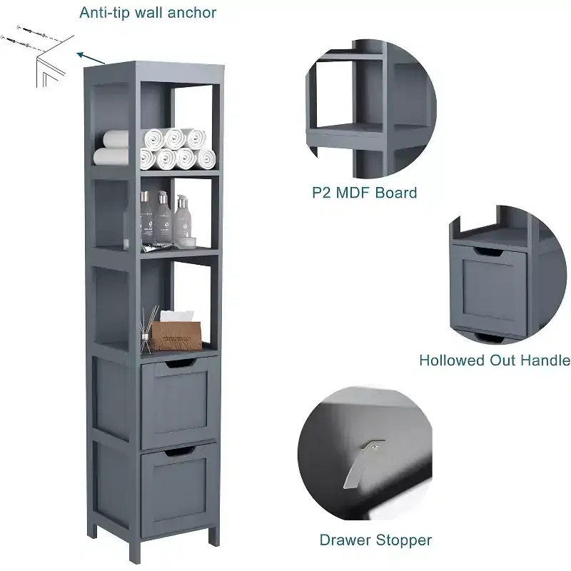 Tree City - 57 Tall Slim Bathroom Storage Cabinet with Shelves & Drawers  Waterproof Tower Organizer