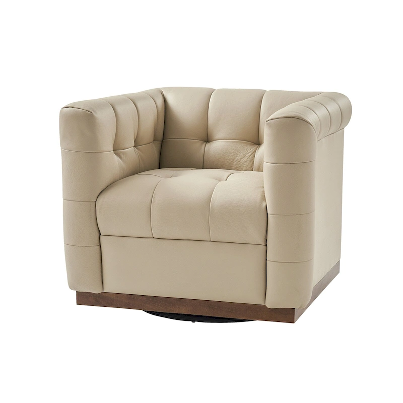 JeremiasMid-certury Modern GenuineLeatherTufted SwivelClubChair with Wooden Apron by HULALA HOME