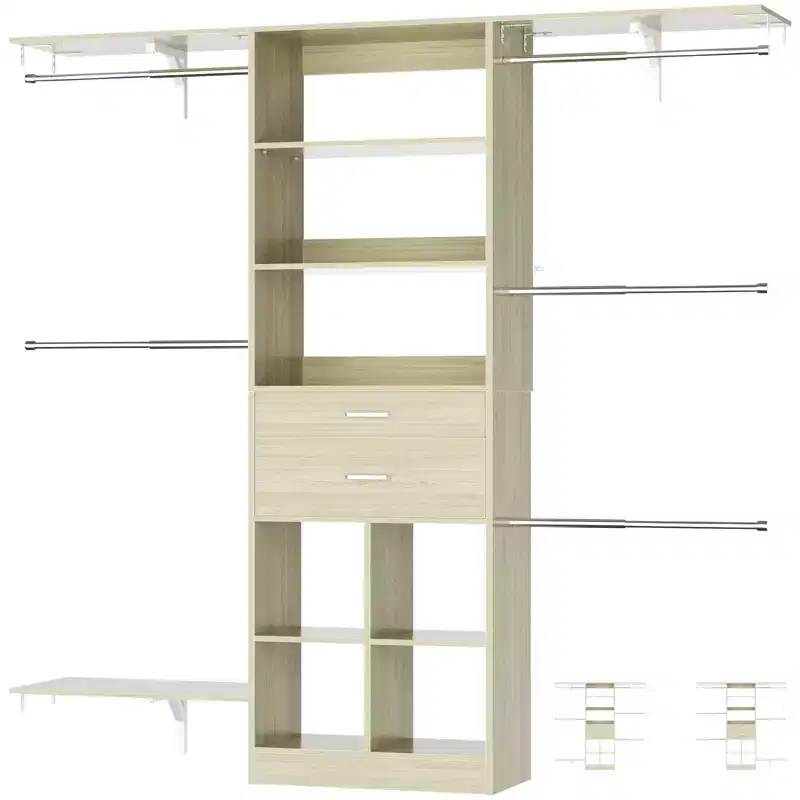 Besiost 5FT Closet Organizer with Wood Drawers and Cubbies, Small Closet System with 5 Hanging Rods