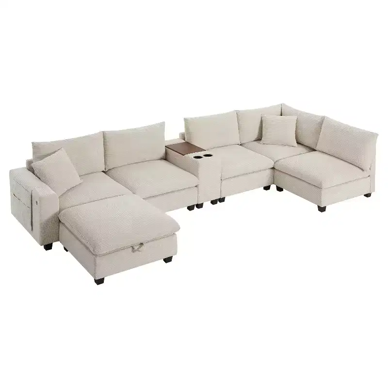 Modern Chenille 4-seat Sectional Sofa with Ottoman, L-Shaped Cloud Couch Set with Throw Pillows