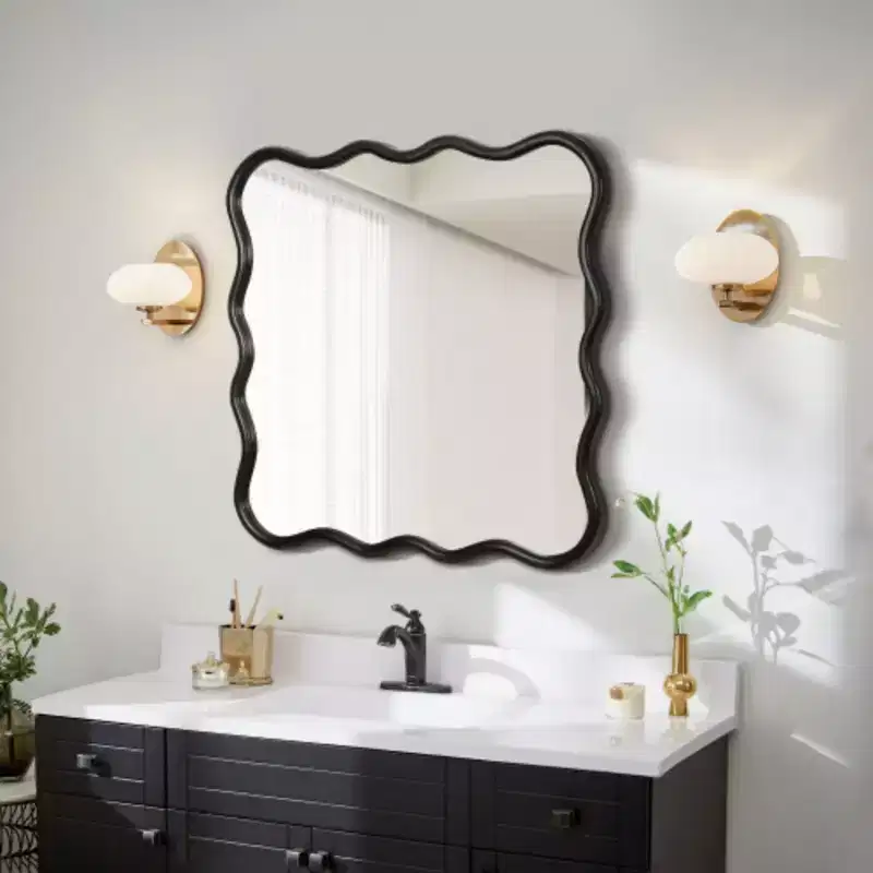 36 x 36Solid Wood Wavy Square Mirror-Black for Bathroom, Bedroom, Living Room, Dining Room, Cloakroom, Entryway