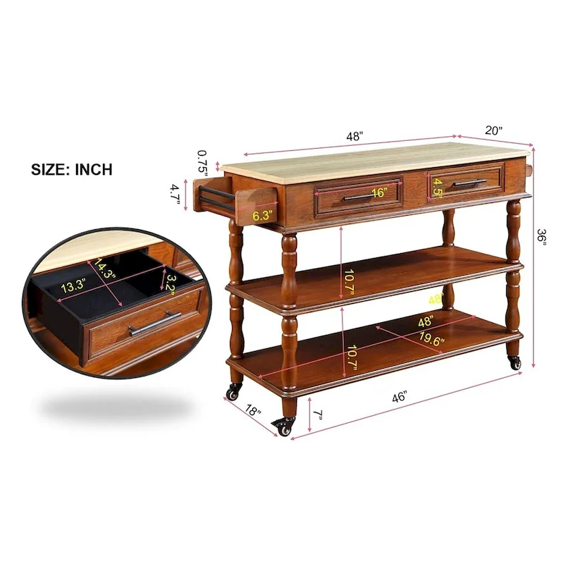 Rolling OAK Wood Top Kitchen Cart with Wine Rack and 2 Drawers