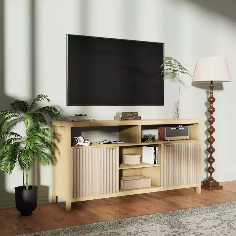 Fluted TV Stand for 65 TV, Mid Century Modern Media Console with Storage - Adjustable Shelves, Farmhouse TV Cabinet, for Living Room, Bedroom
