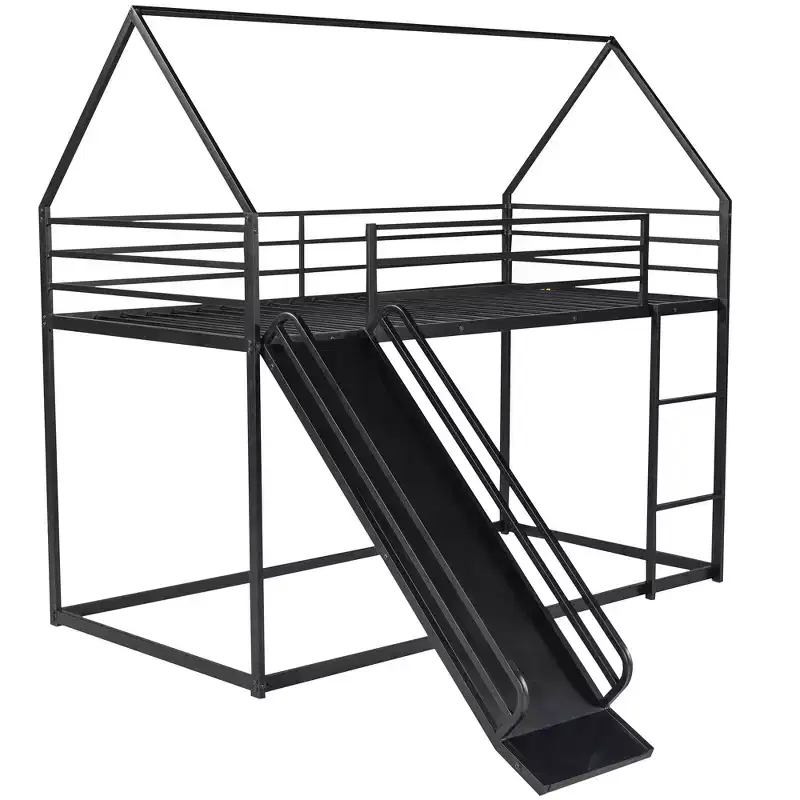 Twin over Twin Metal House Bunk Bed with Convertible Slide and Ladder