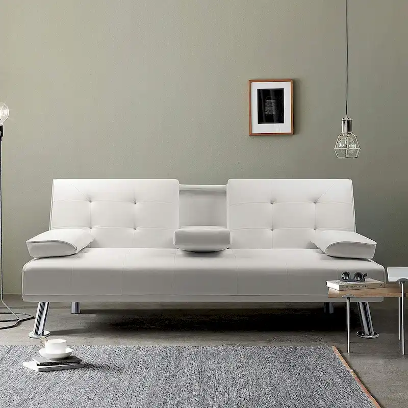 Furniwell Modern Faux Leather Futon with Cup Holders & Pillows, 65