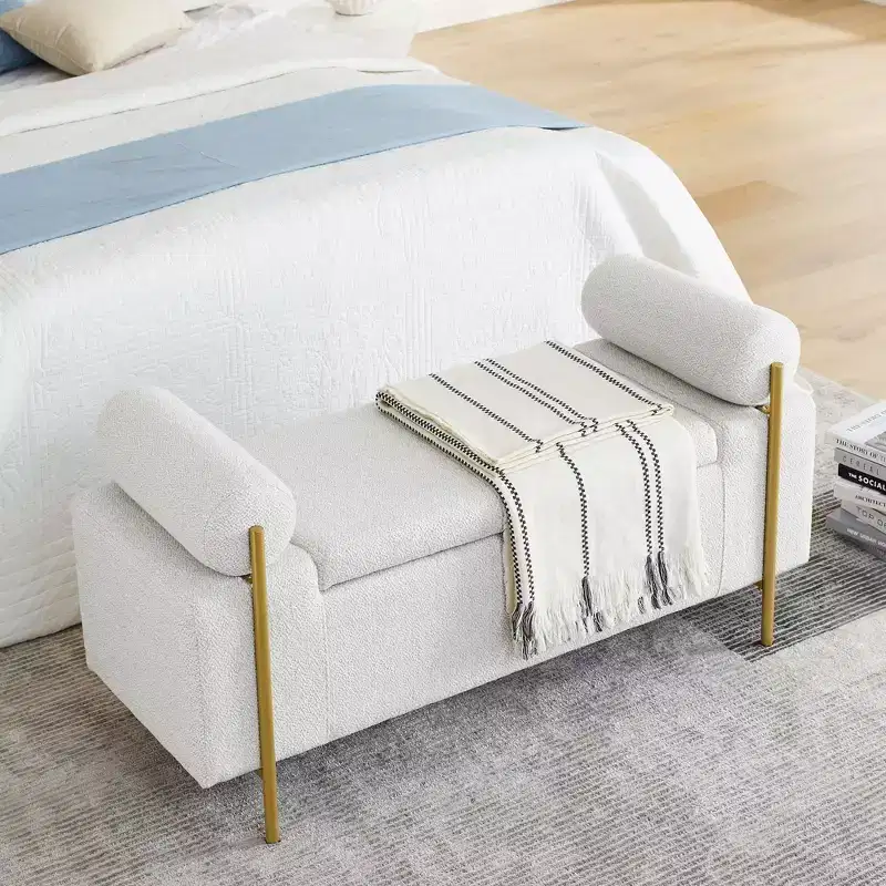 Okak Elegent Storage Bench with Cylindrical Arms, Upholstered End of Bed Bench with Iron Legs, Entryway Bench for Living Room, Bedroom, Bedroom