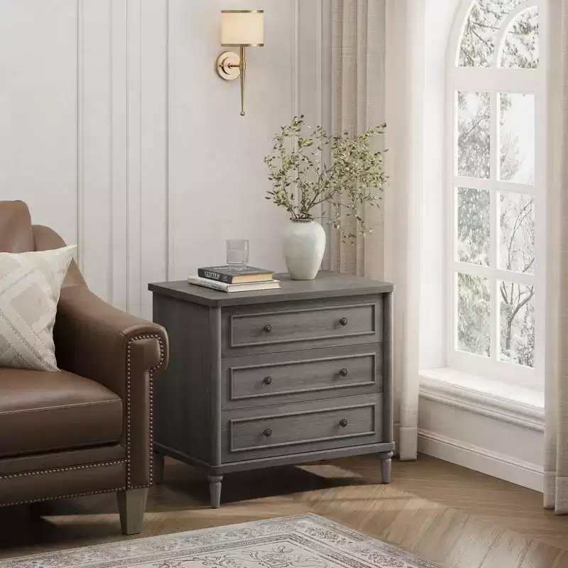 3 Drawer Nightstand, Mid-Century Fluted Bedside Table with Power Outlet for Bedroom, 18 Wide Sofa Side End Table