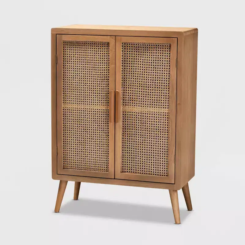 Alina Wood and Rattan 2 Door Accent Storage Cabinet Oak - Baxton Studio: Bohemian Style, Fixed Shelves, No Assembly Required