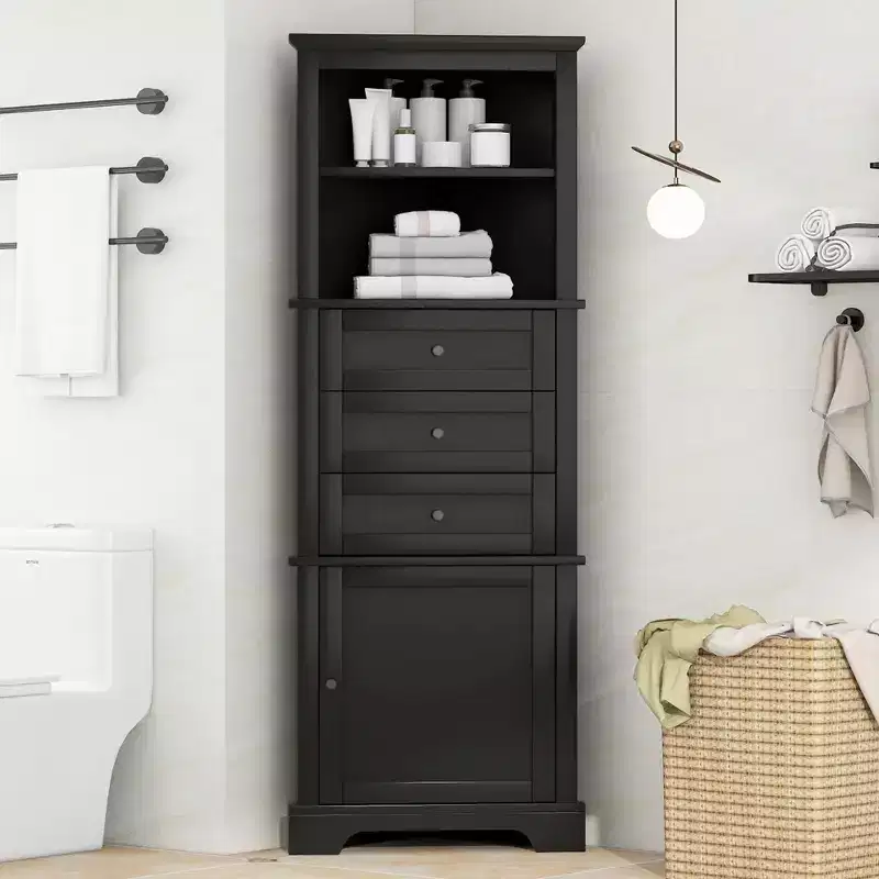 Triangle Corner Storage Cabinet with 3 Drawers and Adjustable Shelves