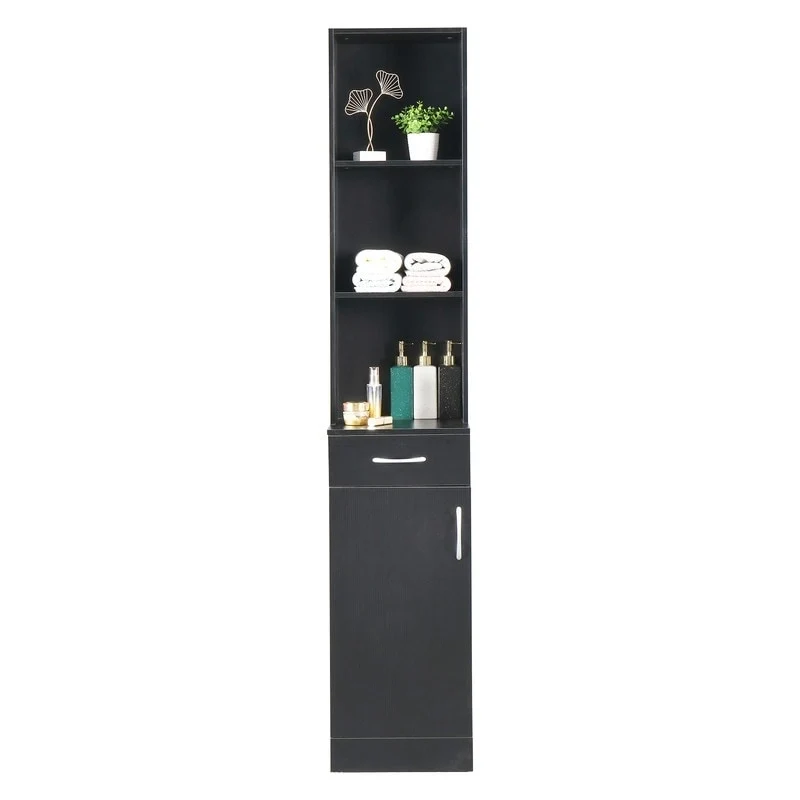 High Bathroom Wall Cabinet with 1 Door, 1 Drawer - Black