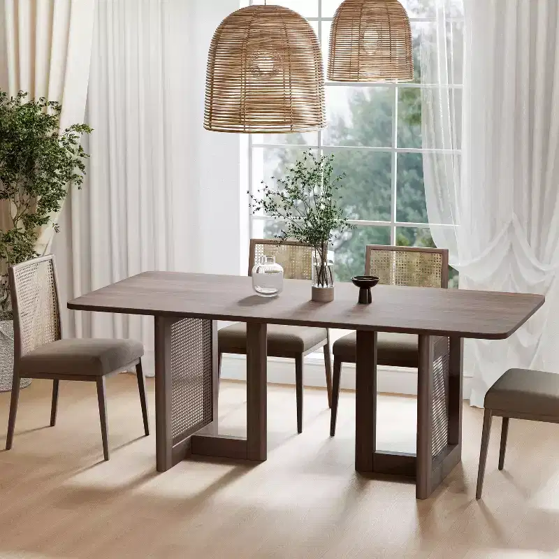 PexFix 67 x 33.5 Farmhouse Kitchen Dining Room Table Furniture Square Walnut Kitchen Table with Rattan Woven Legs for Kitchen Bar Living Room
