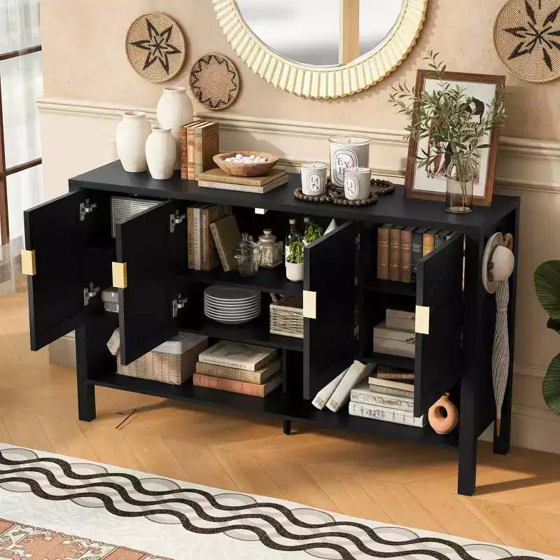 4-Door Geometric Sideboard with Dual Hooks, Adjustable Shelves, and Open Bottom Display