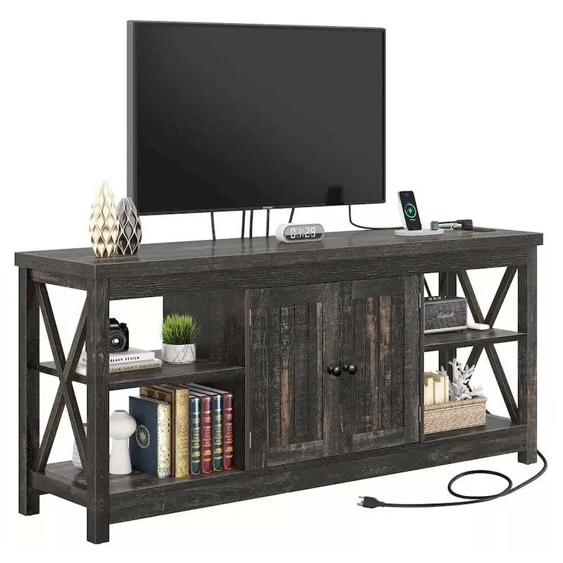 Grey Farmhouse MDF TV Stand with Power Outlets, USB Ports and 3-Tier Open Shelves for 1 Person, Fits TVs up to 65