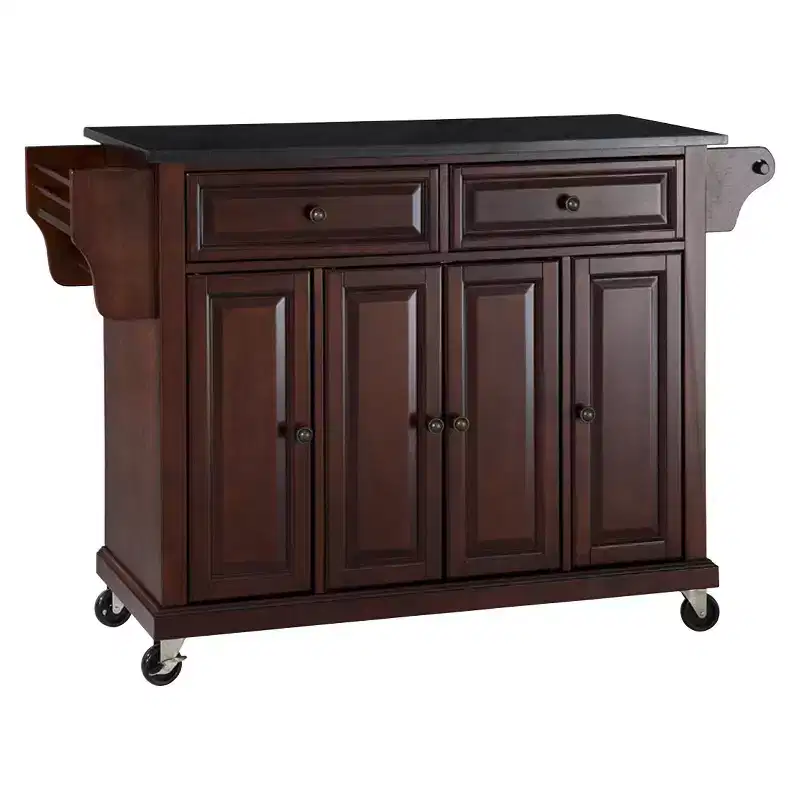 Solid Black Granite Top Kitchen Cart/Island - Vintage Mahogany : Rolling Storage, Towel Bar, 4 Doors