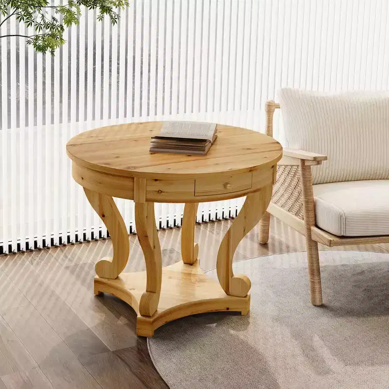 GDFStudio Nicolas Farmhouse Small Size Round Dining Table with 2 Drawers and Curved Legs