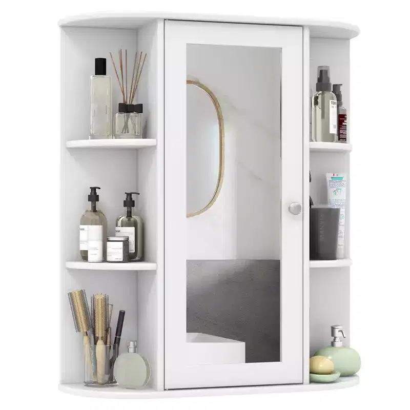 Costway Bathroom Cabinet Single Door Shelves Wall Mount Cabinet with Mirror White