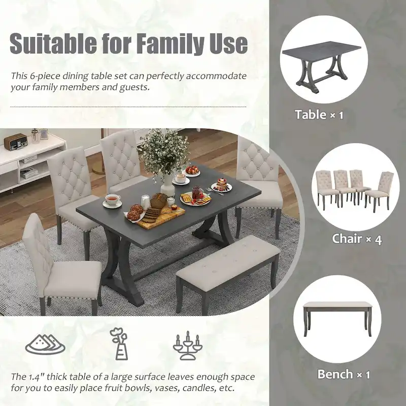 6-Piece Farmhouse Dining Table Set, Rectangular Trestle Table and 4 Upholstered Chairs & Bench