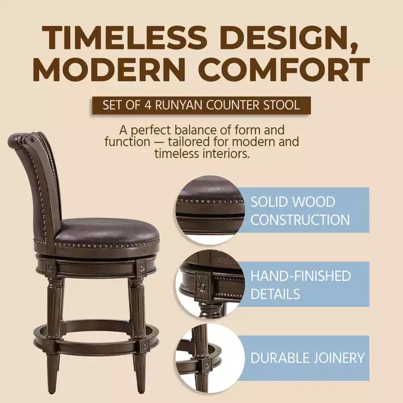 ROME + OAK Runyan Counter Stool, Dark Walnut, Vintage Brown Vegan Leather, Set of 4