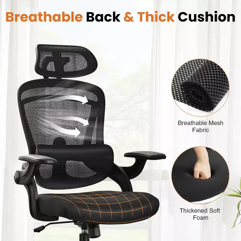 Office Chair with Adjustable Lumbar Support & Headrest, Comfy Mesh Computer Chair with Soft Flip Up Arms, Adjustable Height Gaming Chair
