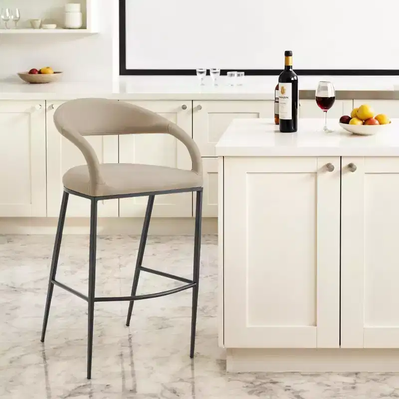 Beige & Black Faux Leather Bar Stool with Arms, Low Back, 1-Seat