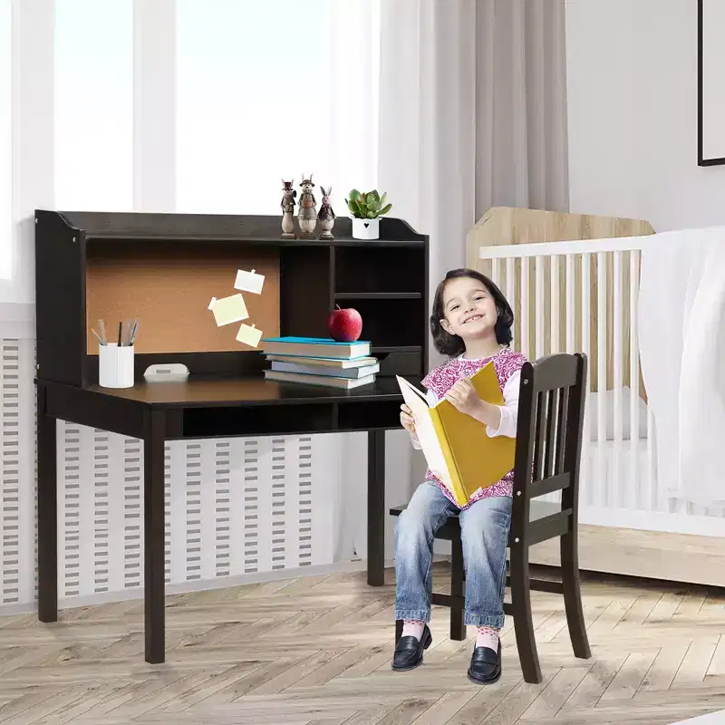 Costway Kids Desk & Chair Set Study Writing Desk w/ Hutch & Bookshelves