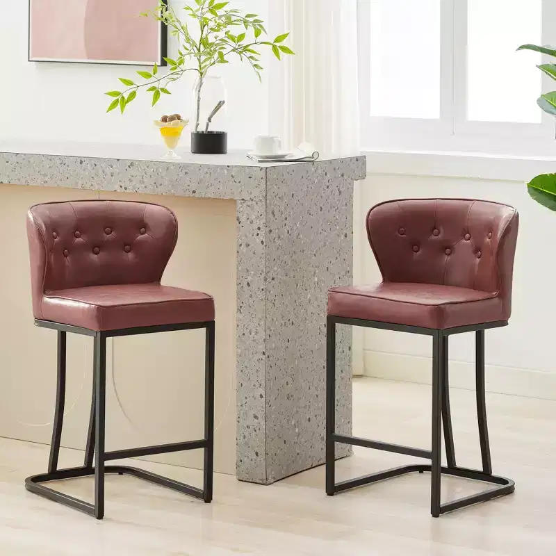 Counter Height Bar Stools Set of 2, Leather Upholstered with Back, Black, 24