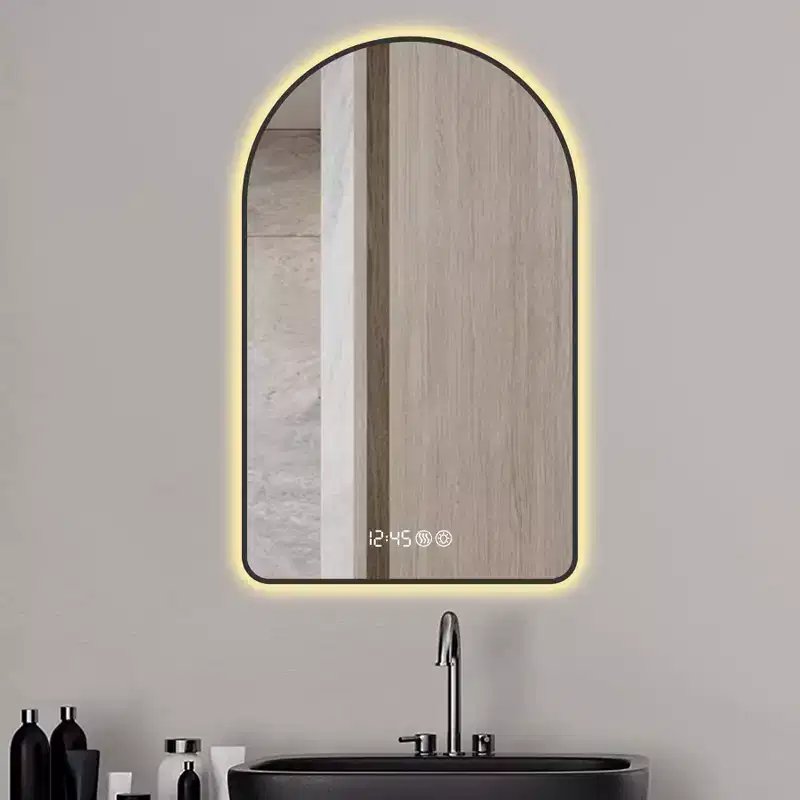 Okak Arched Vanity Mirror with Time and Temperature Display, Anti-Fog Bathroom Mirror with Three Color Temperatures for Bathroom