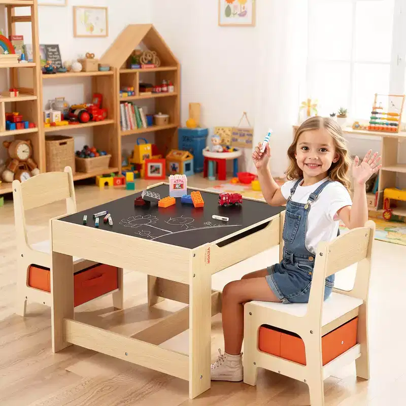 VEVOR Kids Table and 2 Chairs Set, Toddler Table and Chair Set with Storage Space under the Table, Cloth Storage Box under the Chairs, Brown