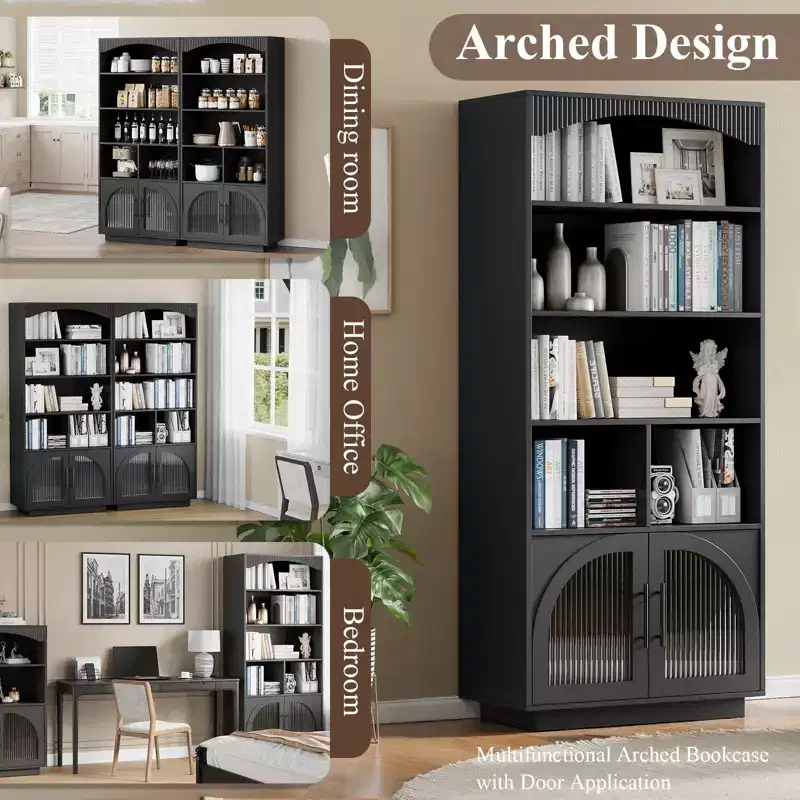 SOLACE FURNITURE 70 Tall Bookshelf, Bookcase with Doors, 5 Tier Bookshelf with Cabinet & Adjustable Shelves