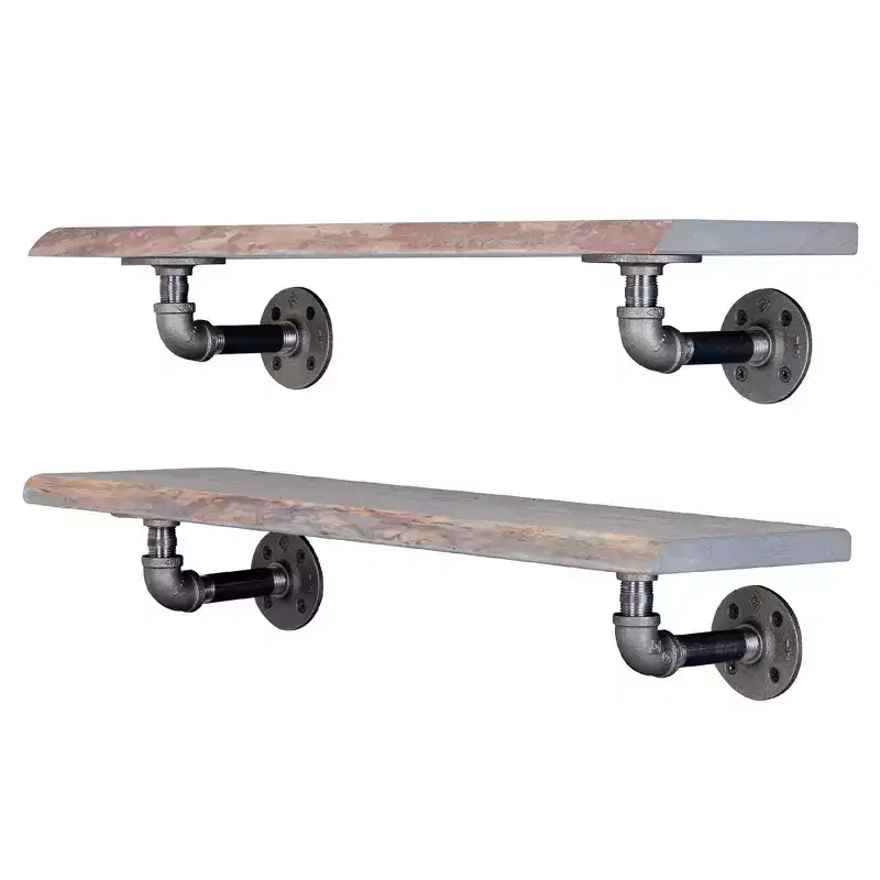 Pipe Decor 24 Riverstone Grey Live Edge Wood Shelf with L-Shaped Pipe Brackets (2-Pack)