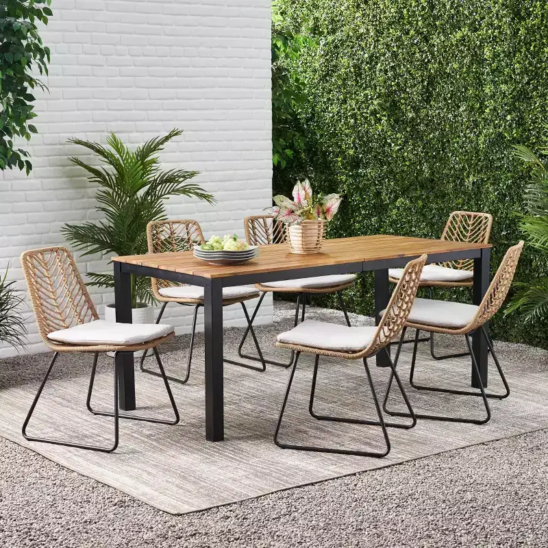 Bleckley 7pc Outdoor Wicker Dining Set - Light Brown/Beige/Teak - Christopher Knight Home: Rattan Patio Furniture Set with Acacia Table Top