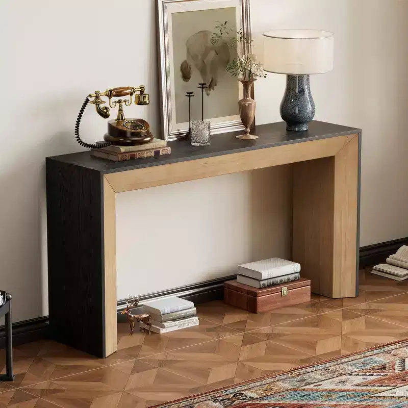 Modern Console Table & Entryway Table, Sturdy Sofa Table with Fireplace Design, Wood Veneer Top