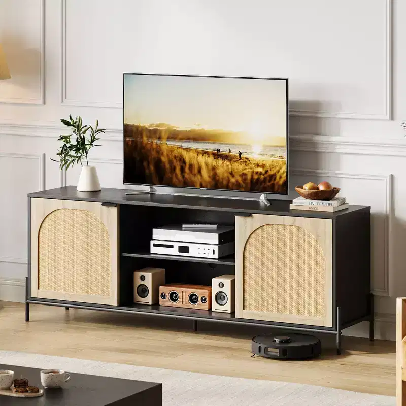 Rattan TV Stand for 75 inch TVs, Entertainment Center with Storage, 65 Inch TV Console Table for Living Room, Bedroom