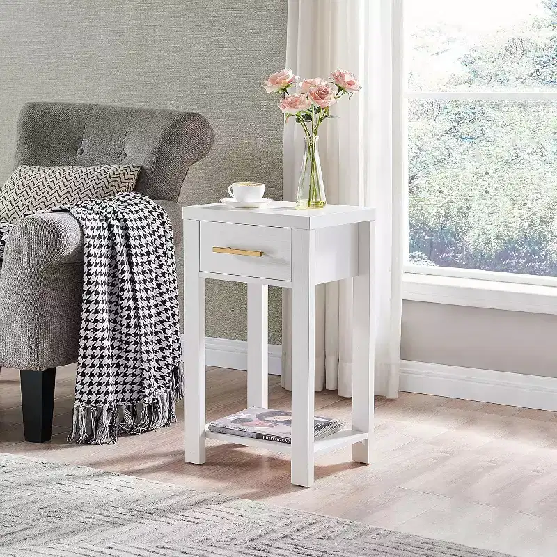 Wooden Chairside End Table with Drawer and Open Storage Shelf, Black/Walnut