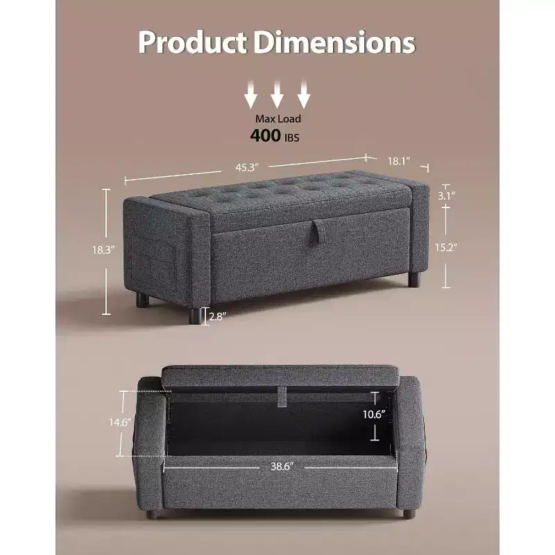 46 In storage shoe changing stool with safety hinges, suitable for bedroom, living room, and entrance benches, Maximum load capacity up to 400 LBS