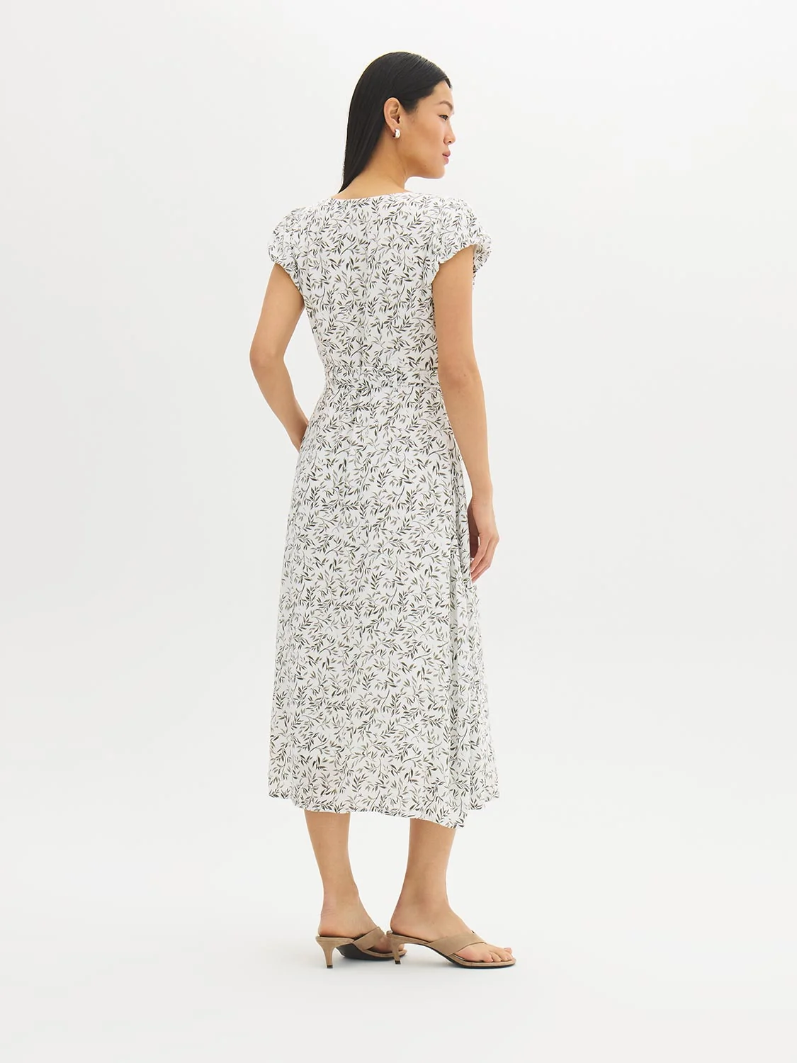 Leaf Print Button-Front Midi Dress