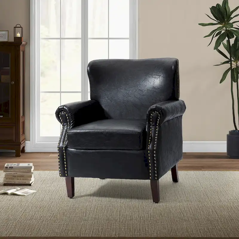 Transitional Leather Armchair with Nailhead Trim Rolled Arms
