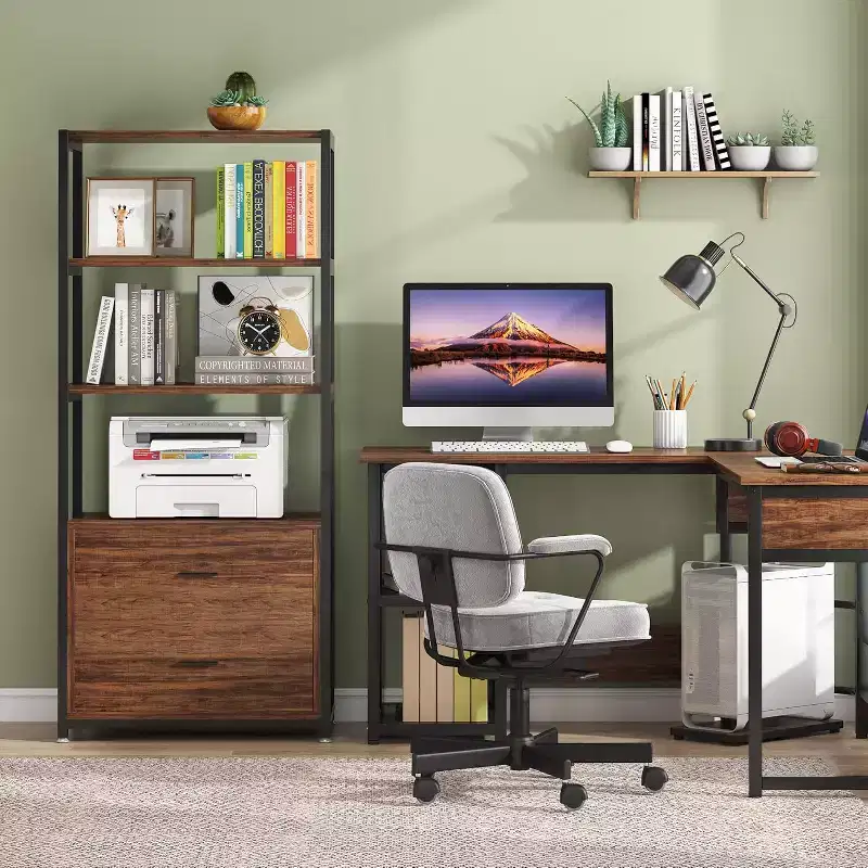 4-Tier Bookshelf with 2 Drawers – Metal Frame, Particle Board, 60