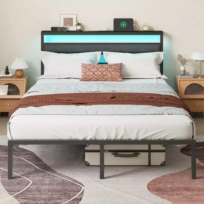 Queen Size Black Metal Platform Bed Frame with Storage Headboard LED Light Built-in Charging Station USB Ports Underbed Storage No Box Spring Needed