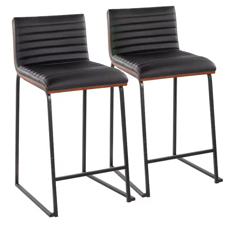LumiSource Set of 2 26" Mason Mara Counter Height Barstools Black Walnut Wood/Black PU Leather