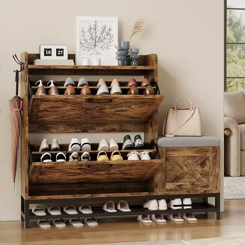 Acekool Shoe Cabinet with Bench, Flip Drawer Entryway Shoe Storage Organizer, Hidden Compartment & Hooks