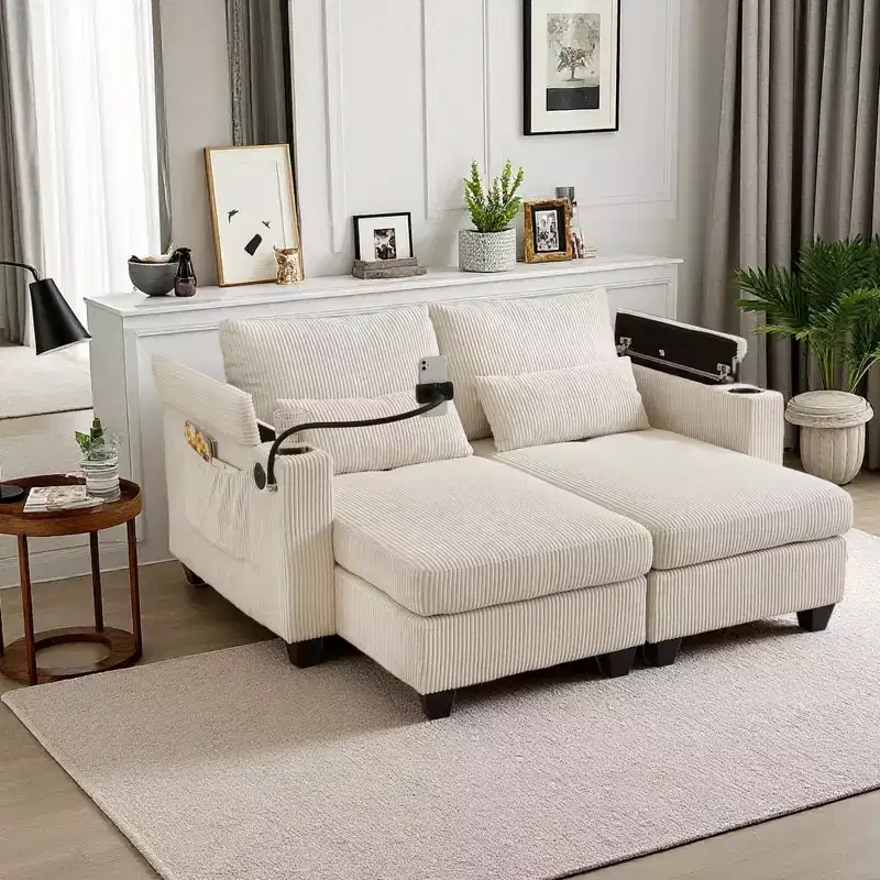 Polibi Corduroy Convertible Chaise Lounge Loveseat with USB Ports, Cup Holders, Phone Mount & Armrest Storage