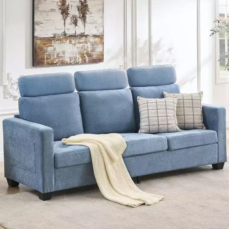 Acekool 3-Seat Chenille Sofa Couch, 89 Inch Upholstered Sofa with Headrest, Wide Armrests & Side Storage Pockets, Blue, Modern Living Room Sofa