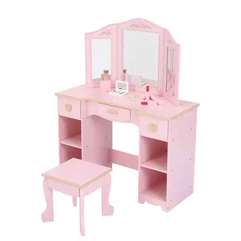 Wooden Makeup Vanity with 3 Drawers and Mirror, Suitable for Ages 3-9
