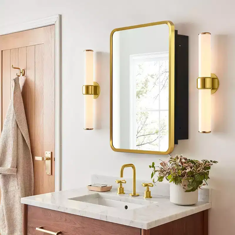 16 * 24 Inch Gold Rectangular Bathroom Medicine Cabinet With Mirror