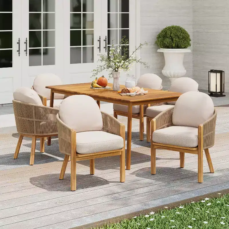 Christopher Knight Home Charles 7 Piece Outdoor Acacia Wood and Rope Dining Set with Cushion