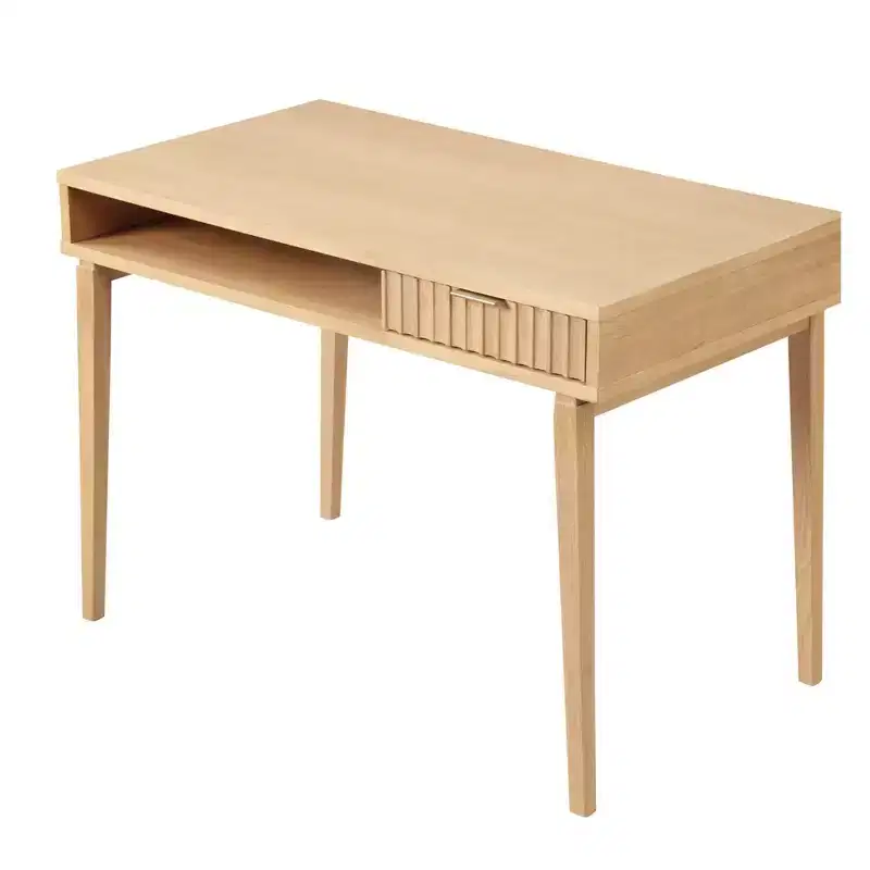 Boho Wood Fluted Desk with Drawer and Open Cubby Natural Brown: Veneer Surface, Wood Frame, Spot Clean, 31"H x 43"W x 24"D