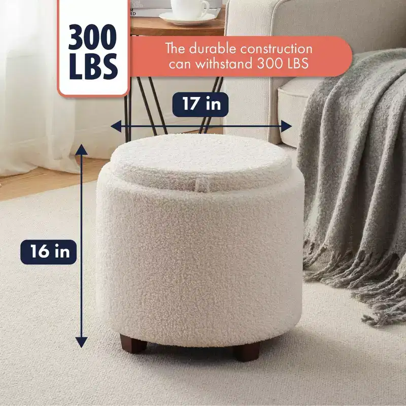 Ornavo Home Lawrence Round Boucle White Storage Ottoman with Table Top Lid