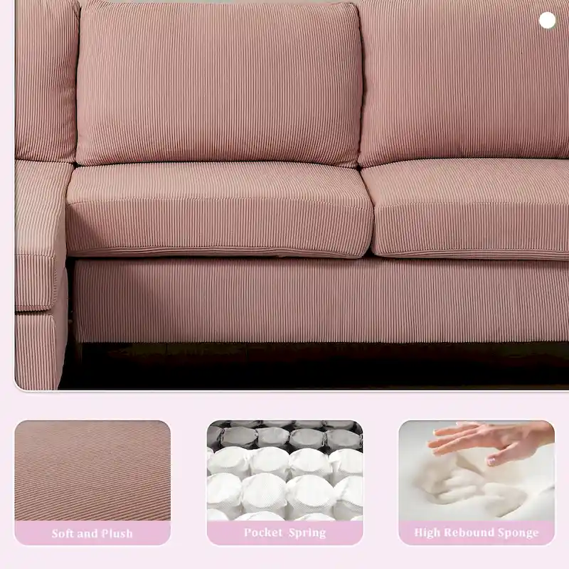 OVIOS Reversible Chaise Sofa With Fluffy Cushions Metal Legs